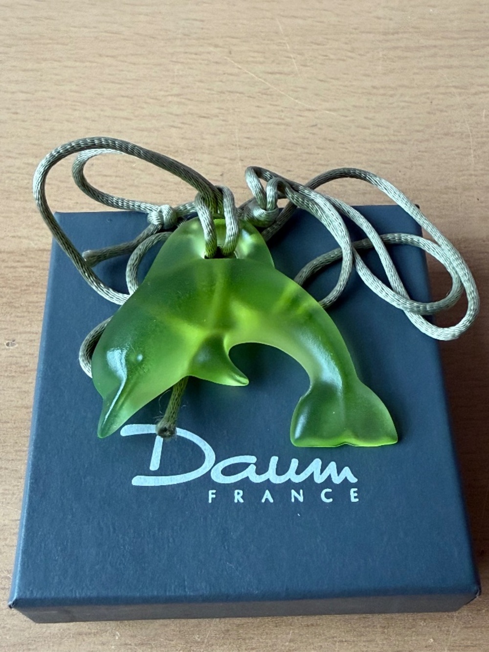 Vintage DAUM France GREEN Crystal Dolphin Pendant “New Old Stock” In Box Signed
